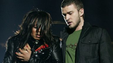 Singer Janet Jackson performs with singer Justin Timberlake during the halftime show at Super Bowl XXXVIII in Houston, Texas, in 2004